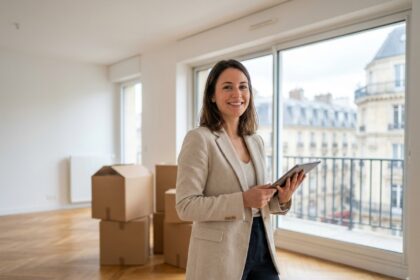 Femme professionnelle souriante dans un appartement moderne de Neuilly-sur-Seine pendant un déménagement organisé