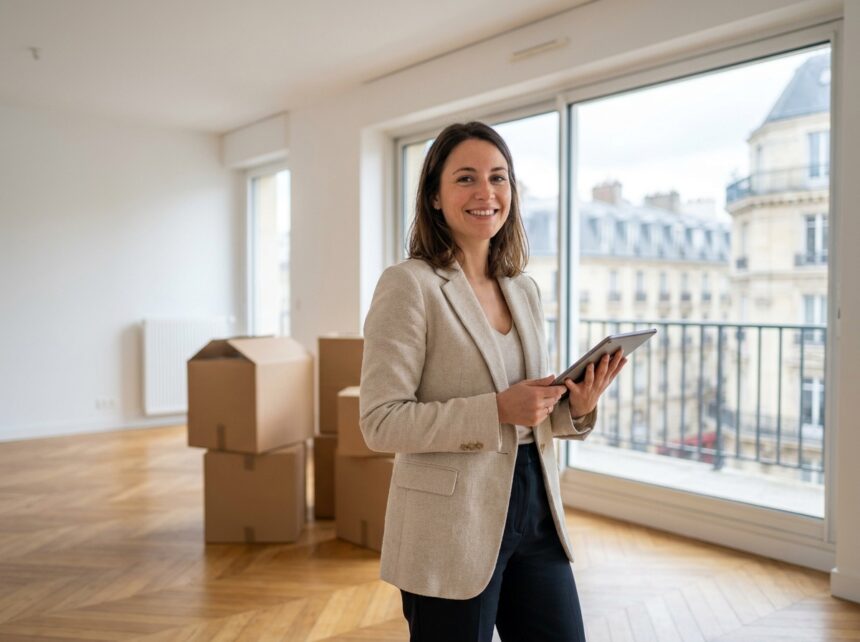Femme professionnelle souriante dans un appartement moderne de Neuilly-sur-Seine pendant un déménagement organisé