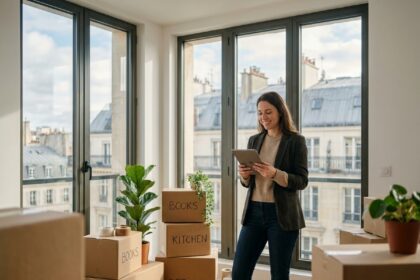 femme souriante dans un appartement neuilly-sur-seine avec cartons de déménagement organisés et vue parisienne en arrière-plan