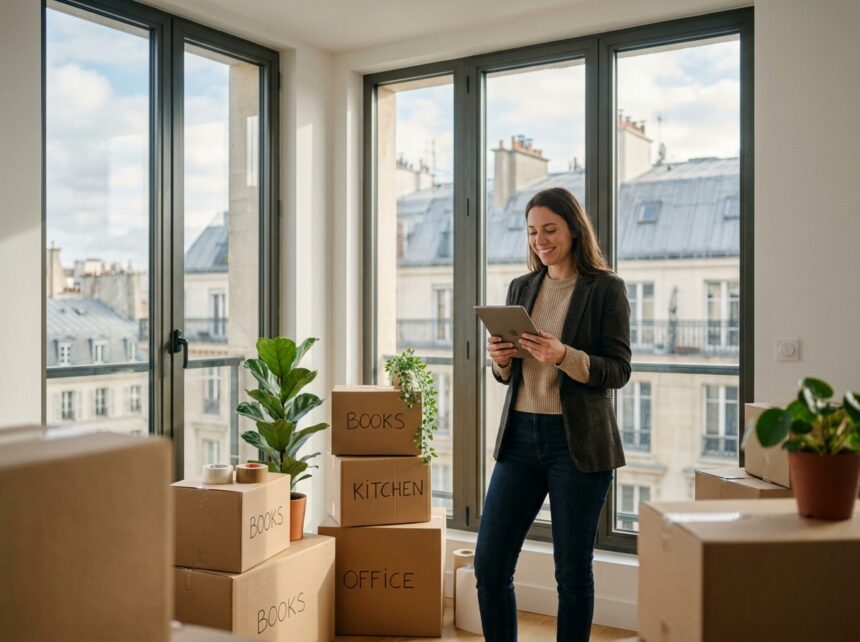 femme souriante dans un appartement neuilly-sur-seine avec cartons de déménagement organisés et vue parisienne en arrière-plan