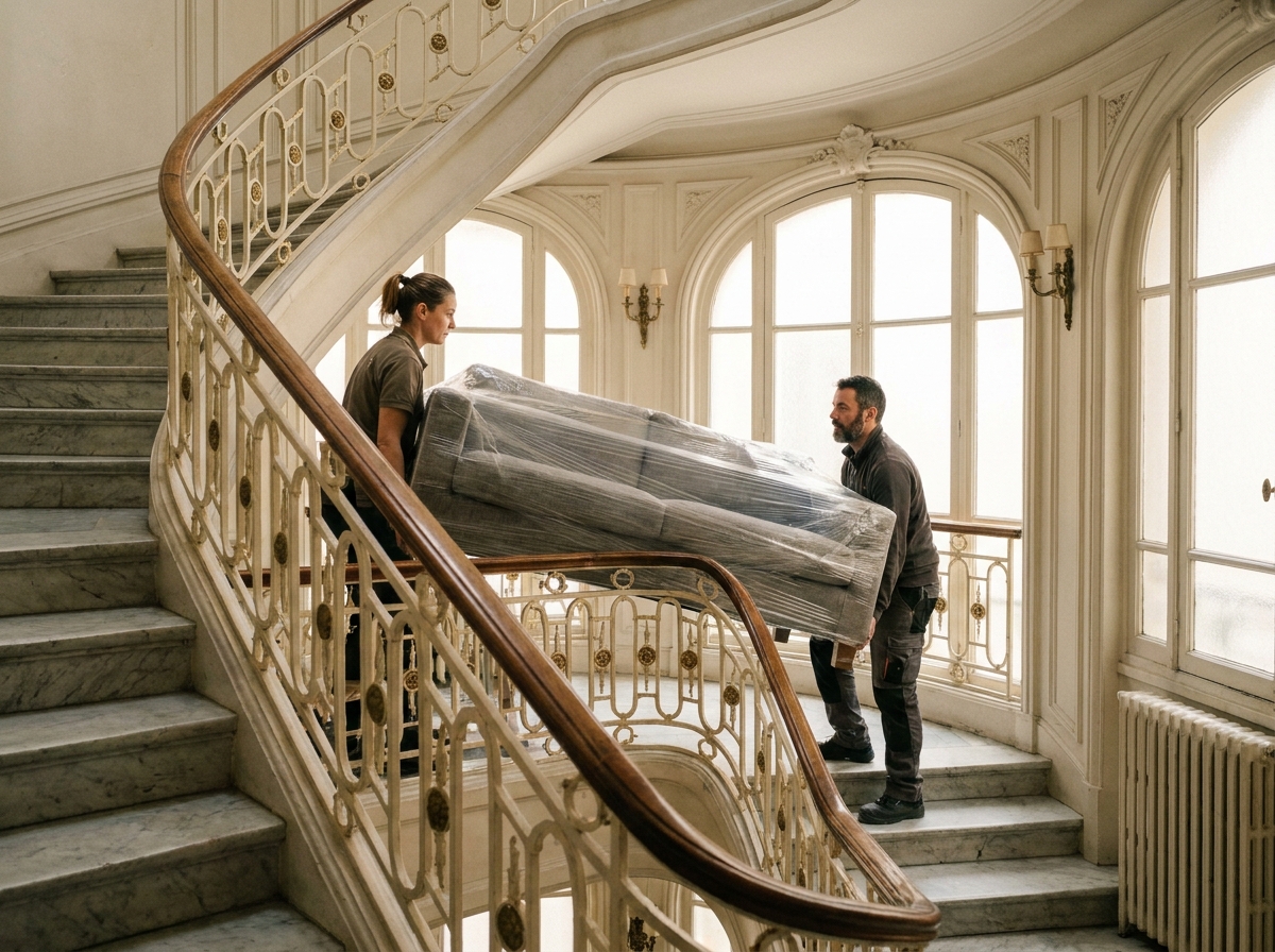 Déménageurs professionnels montant un canapé dans un escalier haussmannien élégant de Neuilly-sur-Seine