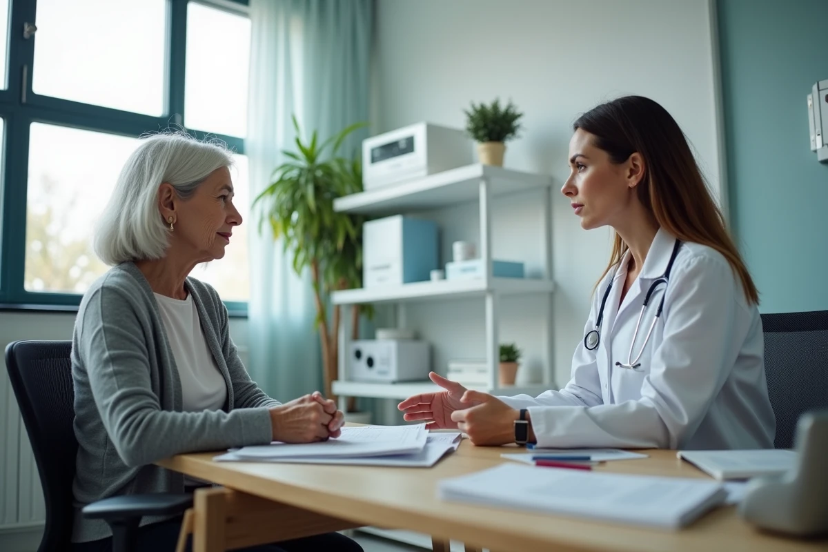 Femme âgée écoutant les résultats d'un bilan auditif avec son audiologiste dans une clinique à Yerres, discussion sur la perte d'audition