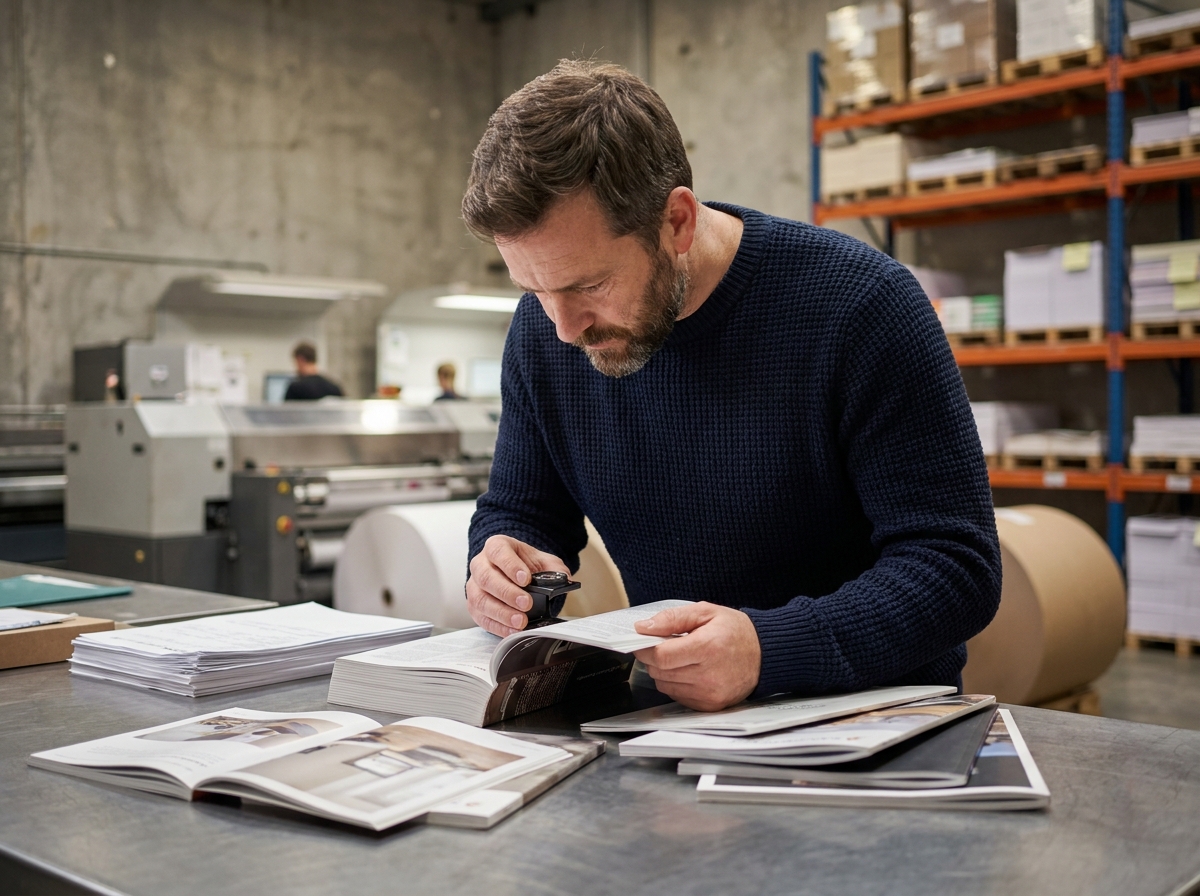 Designer industriel inspectant des catalogues reliés dans un atelier d'imprimerie professionnel