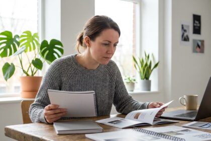 Femme designer examinant différents types de reliure de brochures imprimées sur son bureau, comparant les options de binding pour un catalogue produit