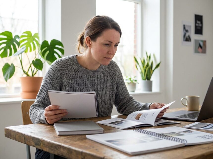 Femme designer examinant différents types de reliure de brochures imprimées sur son bureau, comparant les options de binding pour un catalogue produit
