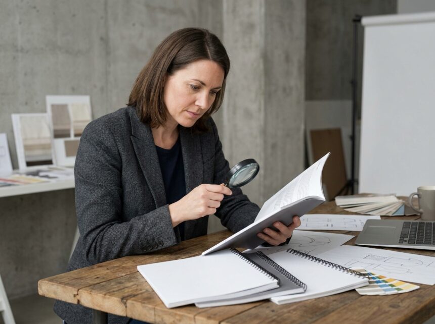 Designer examinant des brochures imprimées avec différentes reliures pour évaluer la qualité et le rendu