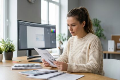 Designer femme examinant différents types de reliure pour brochures imprimées dans un studio de design professionnel