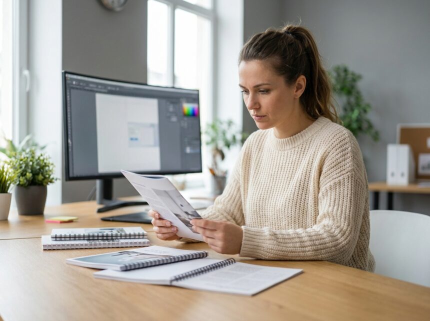 Designer femme examinant différents types de reliure pour brochures imprimées dans un studio de design professionnel