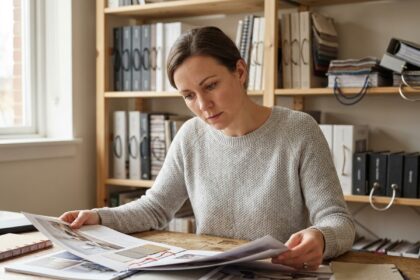 Designer graphique femme examinant différentes reliures de brochures imprimées sur son bureau de travail, comparaison de catalogues professionnels