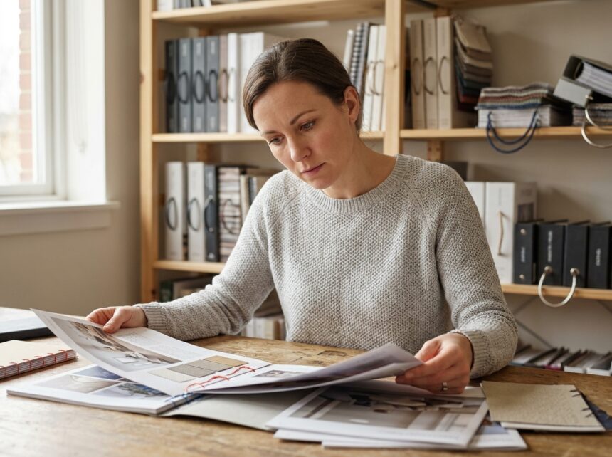 Designer graphique femme examinant différentes reliures de brochures imprimées sur son bureau de travail, comparaison de catalogues professionnels