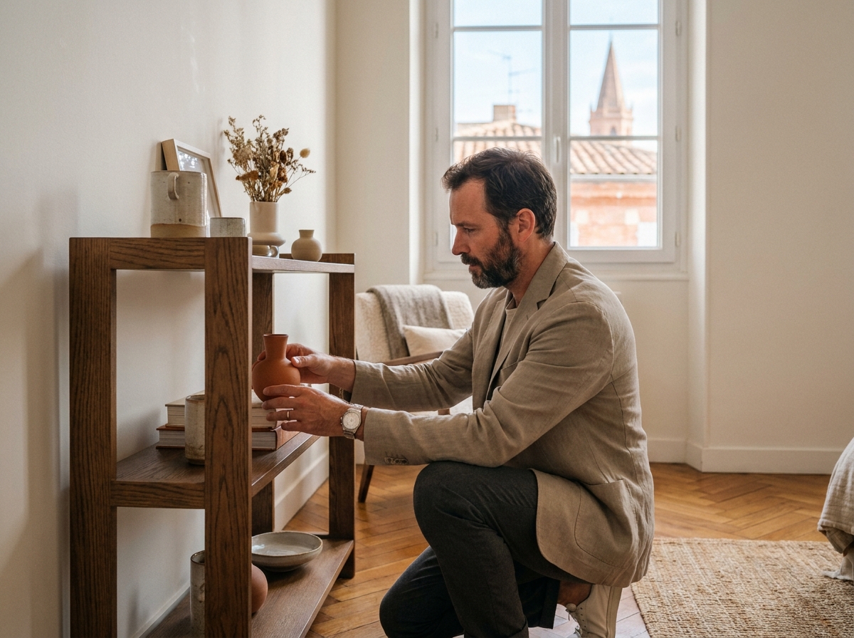 Designer d'intérieur aménageant une chambre d'appartement à Toulouse avec mobilier et décoration harmonieux