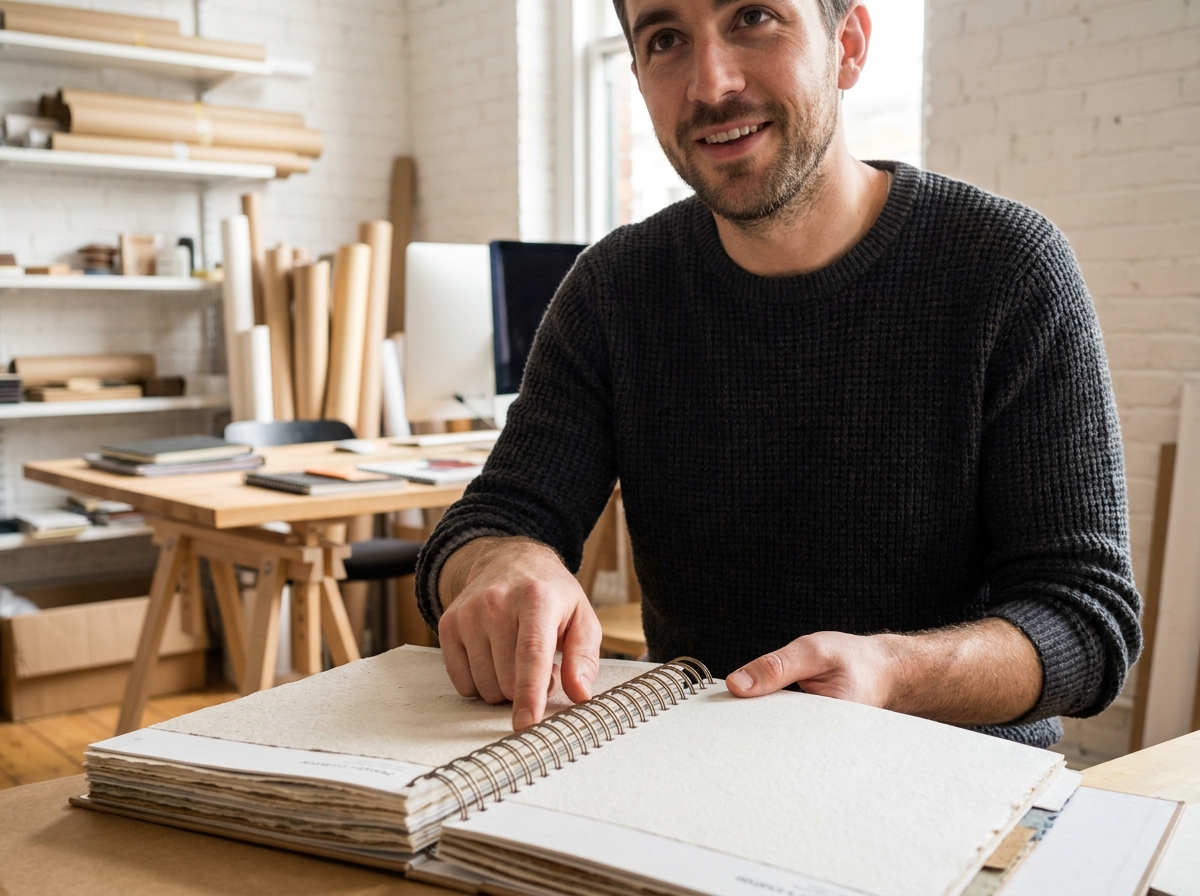 designer graphique jeune homme présentant un catalogue avec reliure spirale dans un studio créatif avec murs en brique