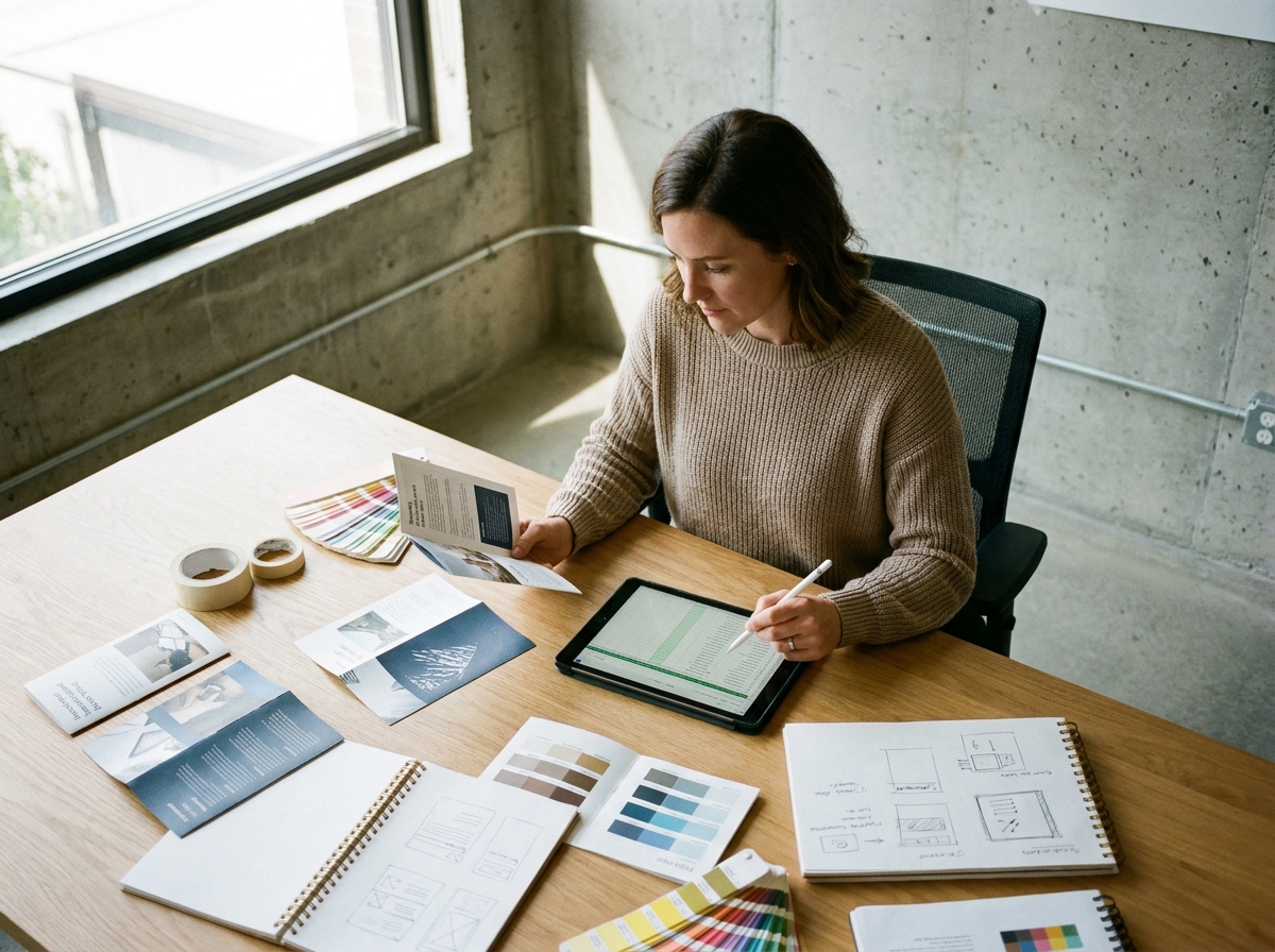 Graphiste jeune examisant des maquettes de brochures avec différentes options de reliure et budget
