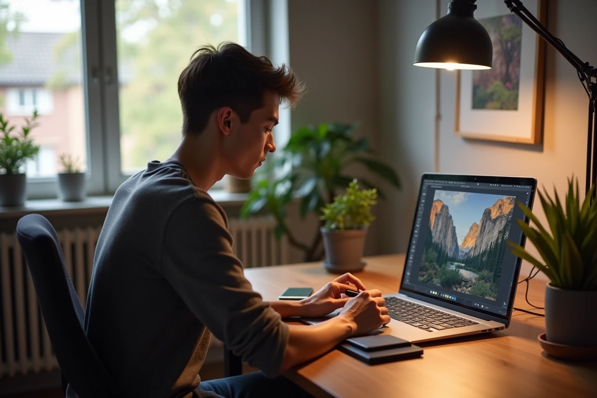 Graphiste utilisant un logiciel de retouche photo gratuit sur tablette graphique et ordinateur portable dans un atelier créatif