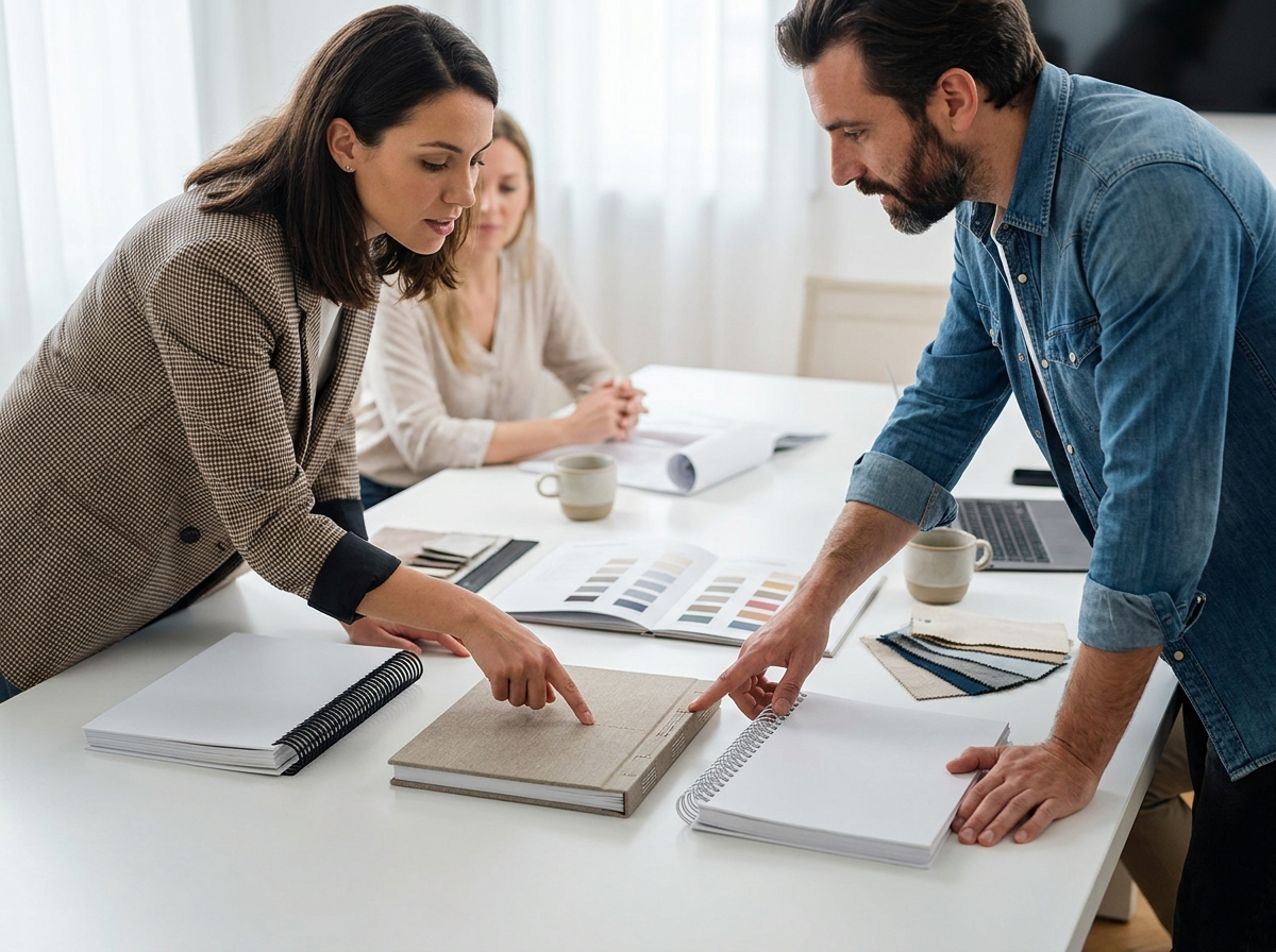 Équipe de designers présentant des options de reliures de catalogues à un client assis autour d'une table de réunion