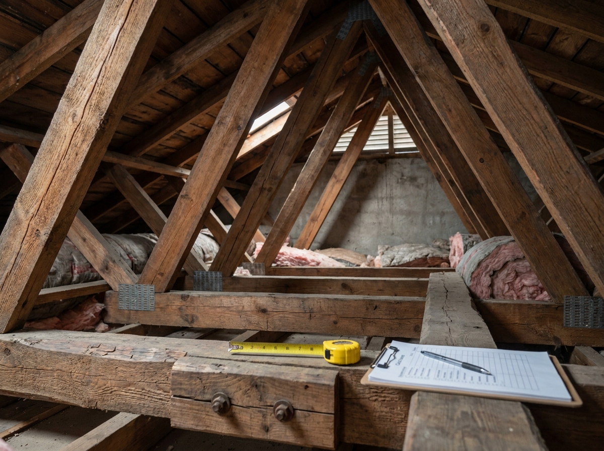 Détail de charpente en bois montrant une structure saine à entretenir régulièrement à Nantes