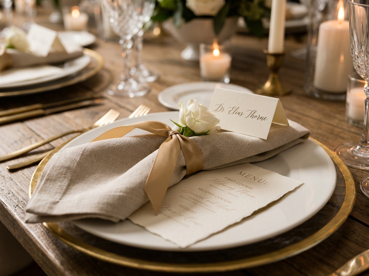 détail de couvert de mariage avec assiettes, serviette dorée et carte menu sur nappe blanche