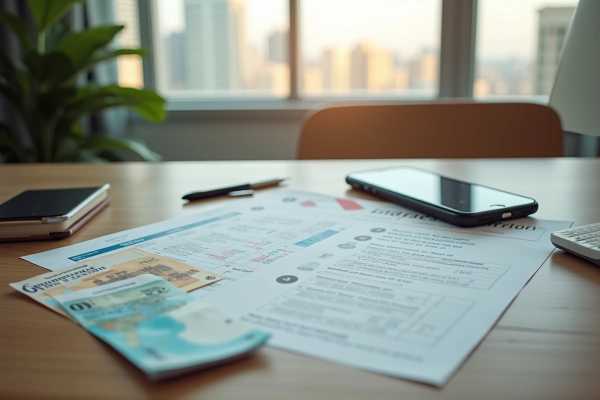 Détail du bureau de voyage montrant les documents importants, confirmations de réservation et informations essentielles pour un séjour aux Émirats