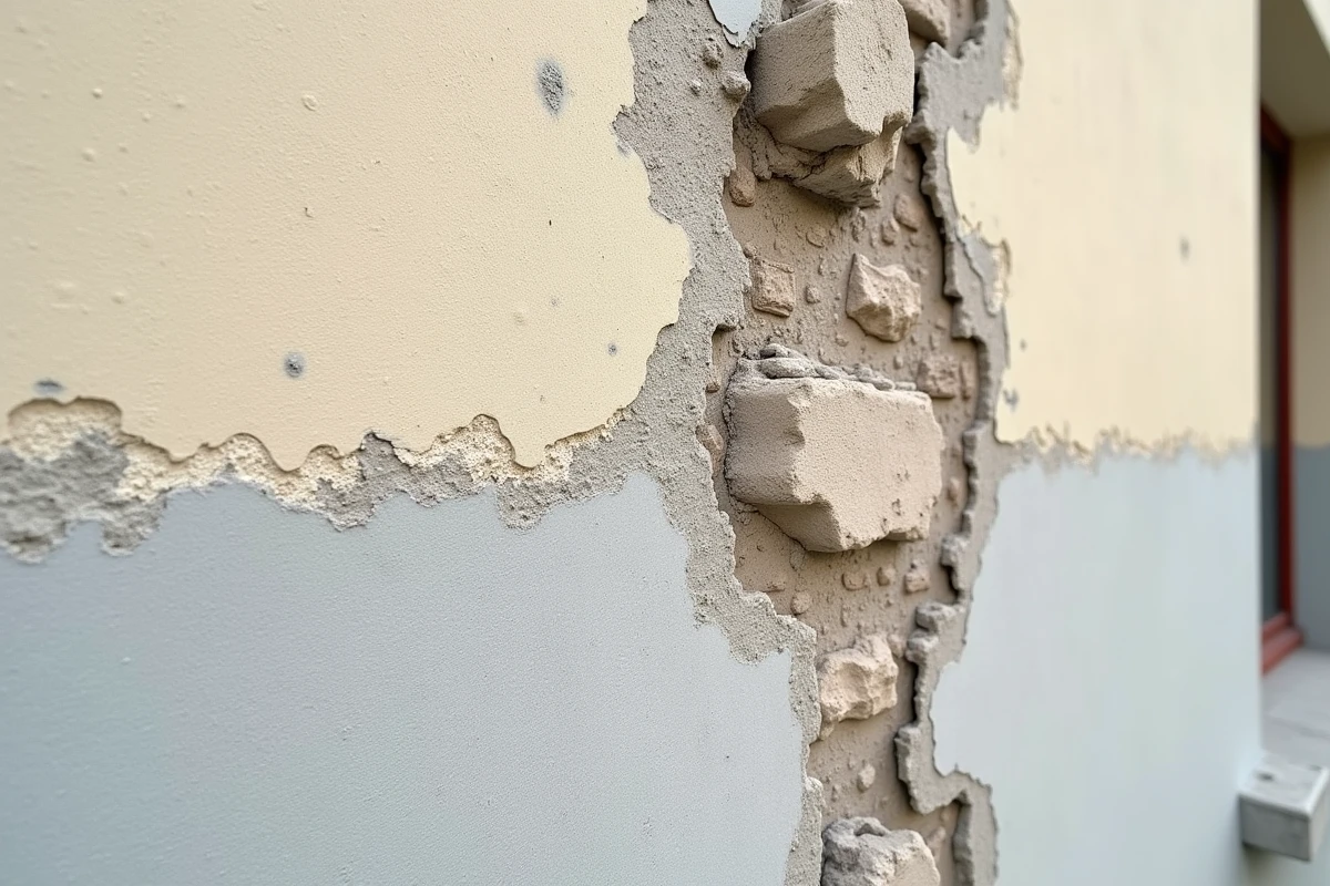 Gros plan sur enduit hydraulique applique a une facade montrant la texture et les techniques de ravalement