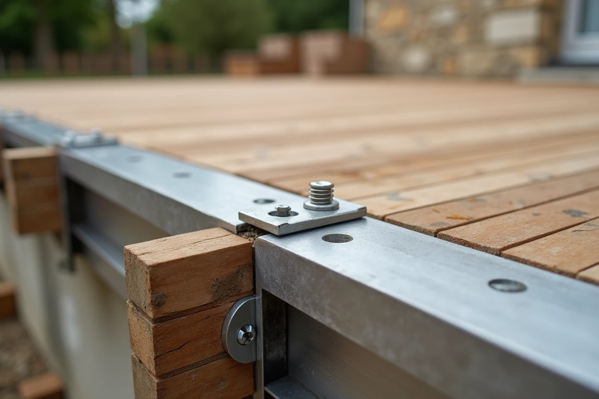 Détail de la fixation entre lambourdes aluminium et solives bois pour une terrasse composite bien structurée