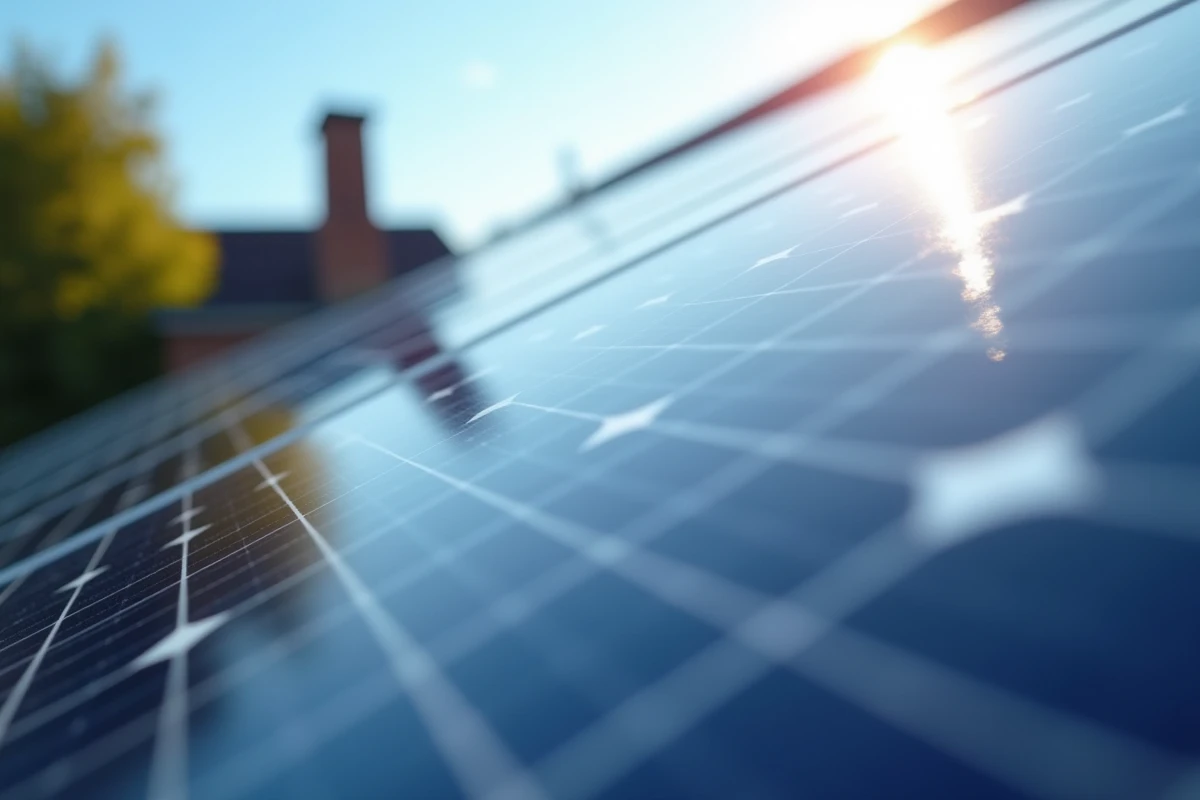 Gros plan détaillé de panneaux solaires photovoltaïques avec reflet du soleil sur les cellules
