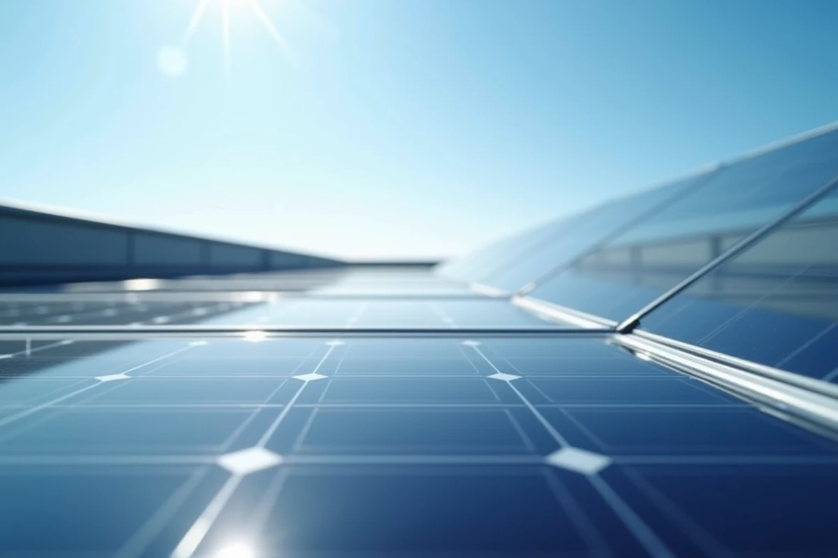 Gros plan détaillé de panneaux solaires photovoltaïques avec reflet du soleil sur la surface vitrée