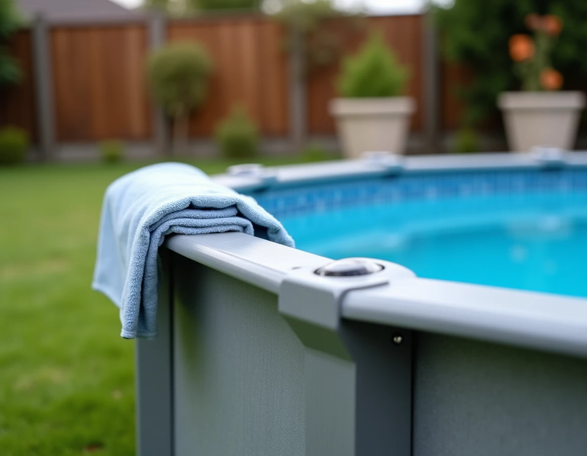 Détail des parois en acier galvanisé d'une piscine hors-sol avec liner bleu dans un jardin résidentiel