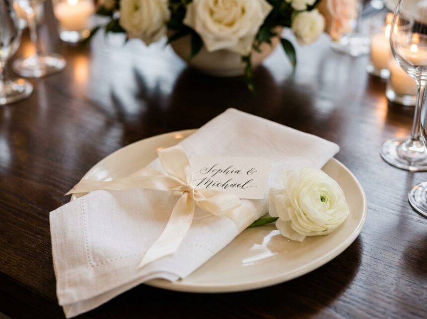 Gros plan détaillé des détails de mariage sur table, serviette blanche avec nœud ruban, marque-place calligraphié et fleur blanche délicate