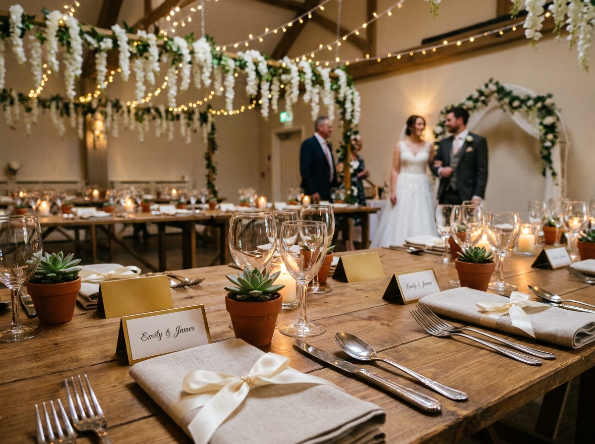 Détails de décoration table mariage avec marque-places dorés, serviettes nouées ruban ivoire et petits succulentes potées pour sublimer la salle