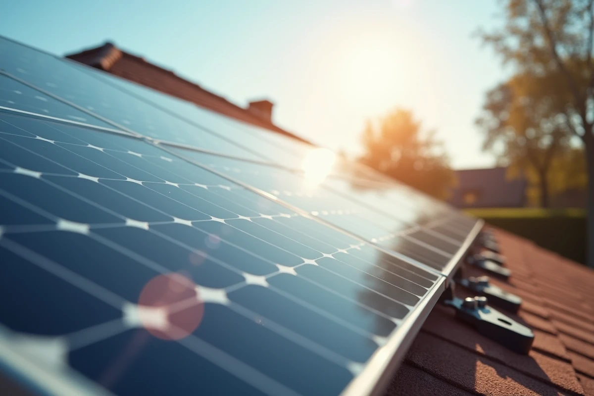 Gros plan des cellules photovoltaïques d'un panneau solaire résidentiel avec système de fixation