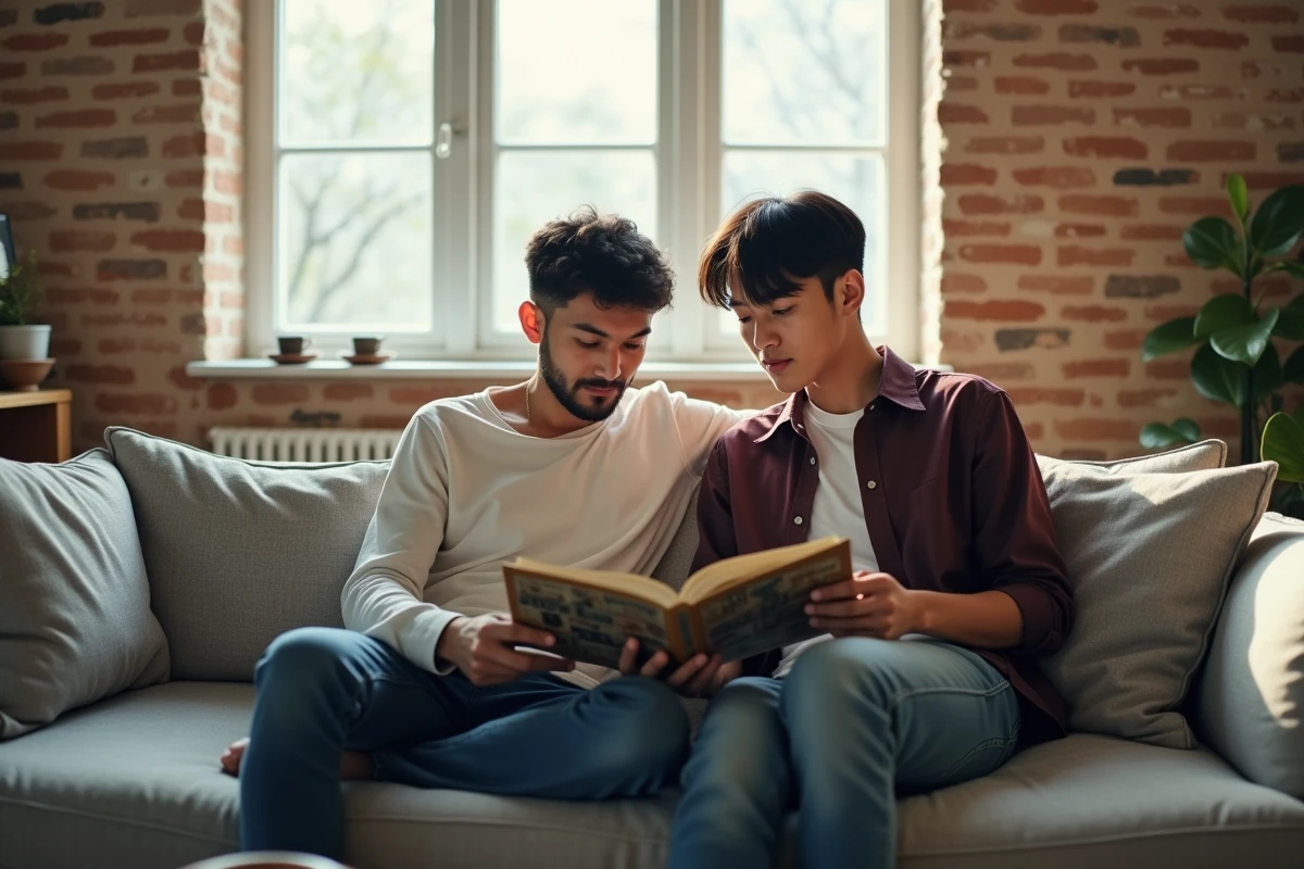 Deux jeunes hommes lisant ensemble un manga boys love sur un canapé dans un appartement moderne et lumineux