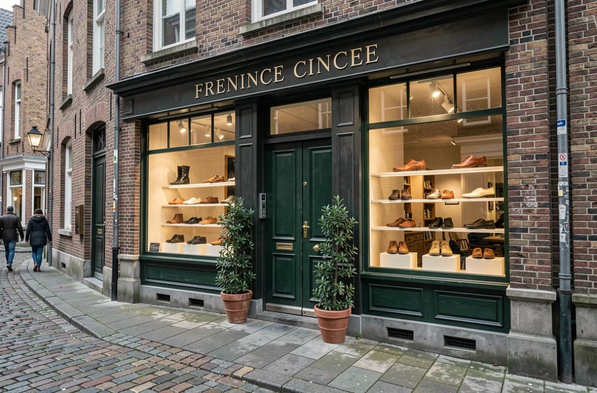 Devanture d'un magasin de chaussures traditionnel dans le vieux Lille avec vitrine et pavés