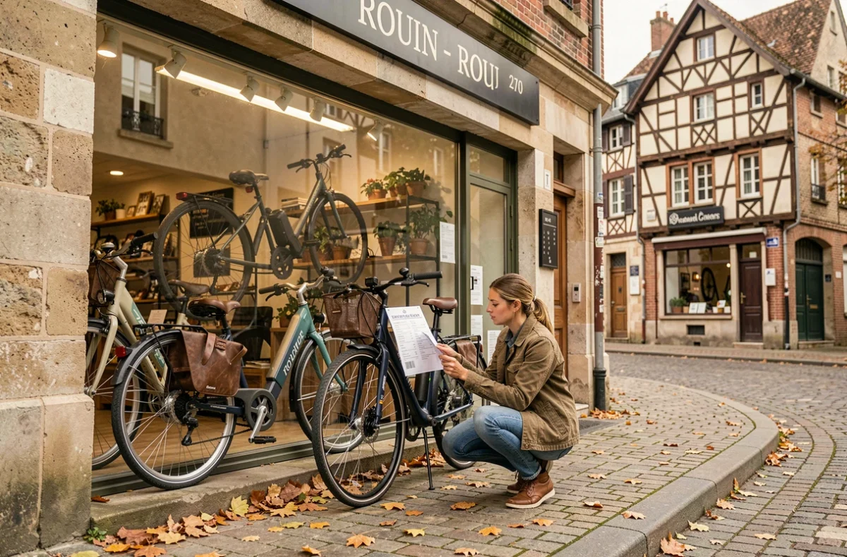 Façade d'un magasin de vélos à Rouen avec une cliente examinant un vélo de ville exposé en vitrine dans une rue pavée normande