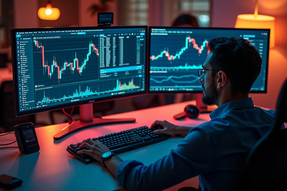 Poste de travail informatique avec plusieurs écrans affichant des graphiques de cryptomonnaies et du code blockchain