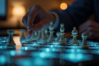 Joueur concentré utilisant un échiquier électronique interactif avec écran tactile pour s'entraîner aux échecs