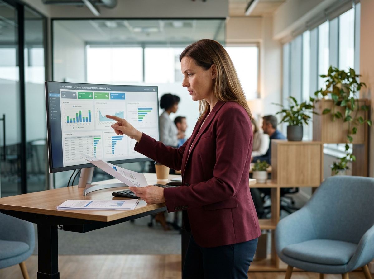 Directrice cabinet assurance analysant tableau de bord CRM avec métriques clients et gestion de portefeuille