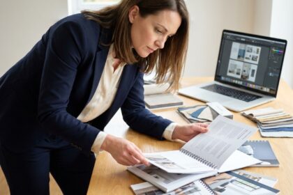 Femme directrice marketing examinant différents types de reliures de brochures imprimées sur un bureau pour comparer les options de binding