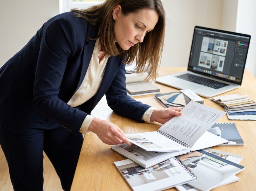 Femme directrice marketing examinant différents types de reliures de brochures imprimées sur un bureau pour comparer les options de binding