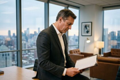 Cadre dirigeant senior en costume examinant attentivement les qualifications d'un candidat à son bureau moderne lors d'une entrevue de sélection en cabinet de recrutement direction générale