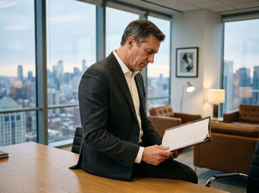 Cadre dirigeant senior en costume examinant attentivement les qualifications d'un candidat à son bureau moderne lors d'une entrevue de sélection en cabinet de recrutement direction générale