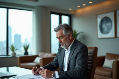 Cadre dirigeant expérimenté dans un bureau moderne examinant des documents avec expertise et assurance professionnelle