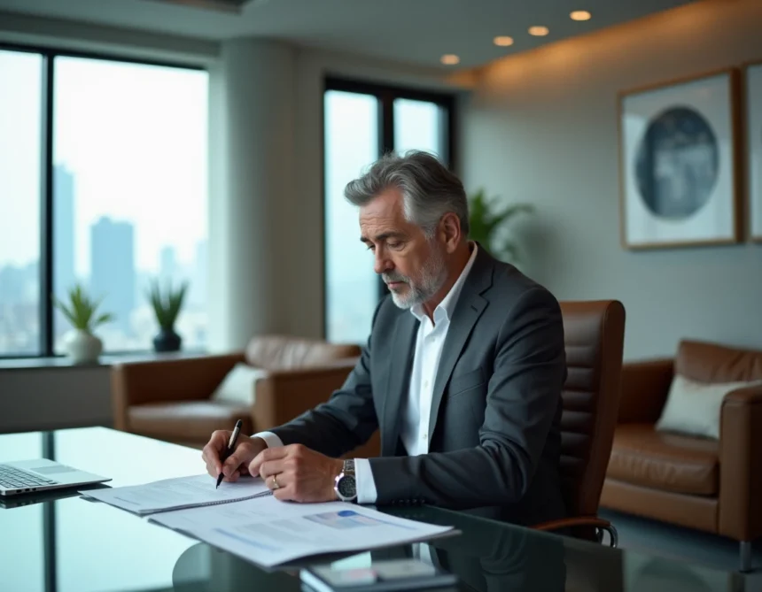Cadre dirigeant expérimenté dans un bureau moderne examinant des documents avec expertise et assurance professionnelle