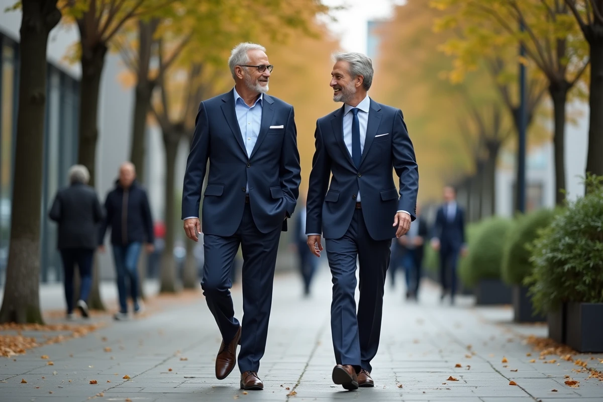Dirigeant d'entreprise marchant avec son mentor en extérieur dans un quartier d'affaires, symbolisant un accompagnement de leadership dans la durée