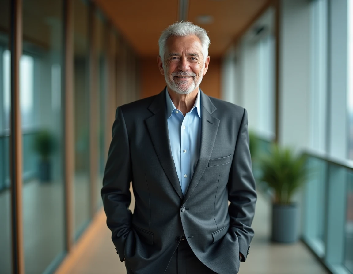 Dirigeant senior expérimenté posant dans environnement professionnel haut de gamme reflétant expertise et leadership
