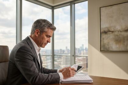 Portrait professionnel d'un dirigeant senior examinant des documents dans son bureau moderne avec vue panoramique