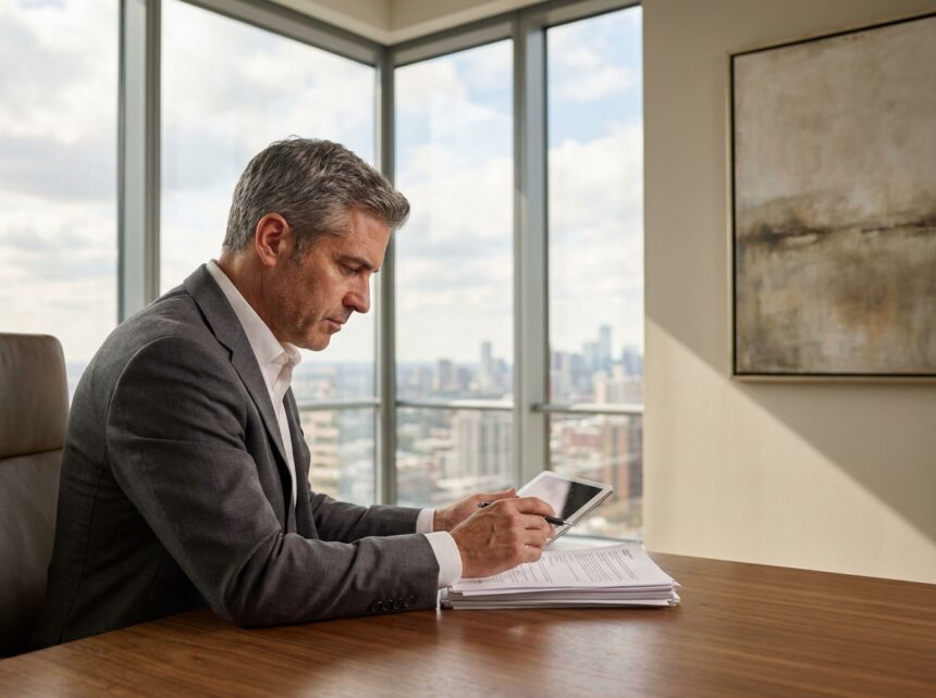 Portrait professionnel d'un dirigeant senior examinant des documents dans son bureau moderne avec vue panoramique