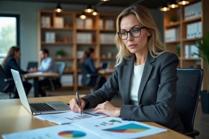 Dirigeante de PME analysant des tableaux financiers structurés pour améliorer ses décisions comptables