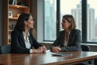 Dirigeante d'entreprise en séance de coaching individuel avec un consultant dans un bureau moderne, illustrant l'accompagnement professionnel sur la durée