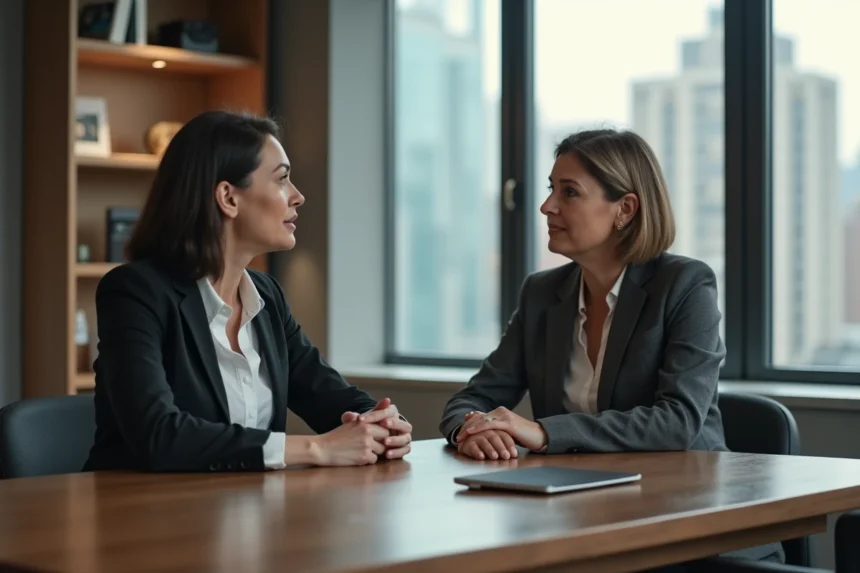 Dirigeante d'entreprise en séance de coaching individuel avec un consultant dans un bureau moderne, illustrant l'accompagnement professionnel sur la durée