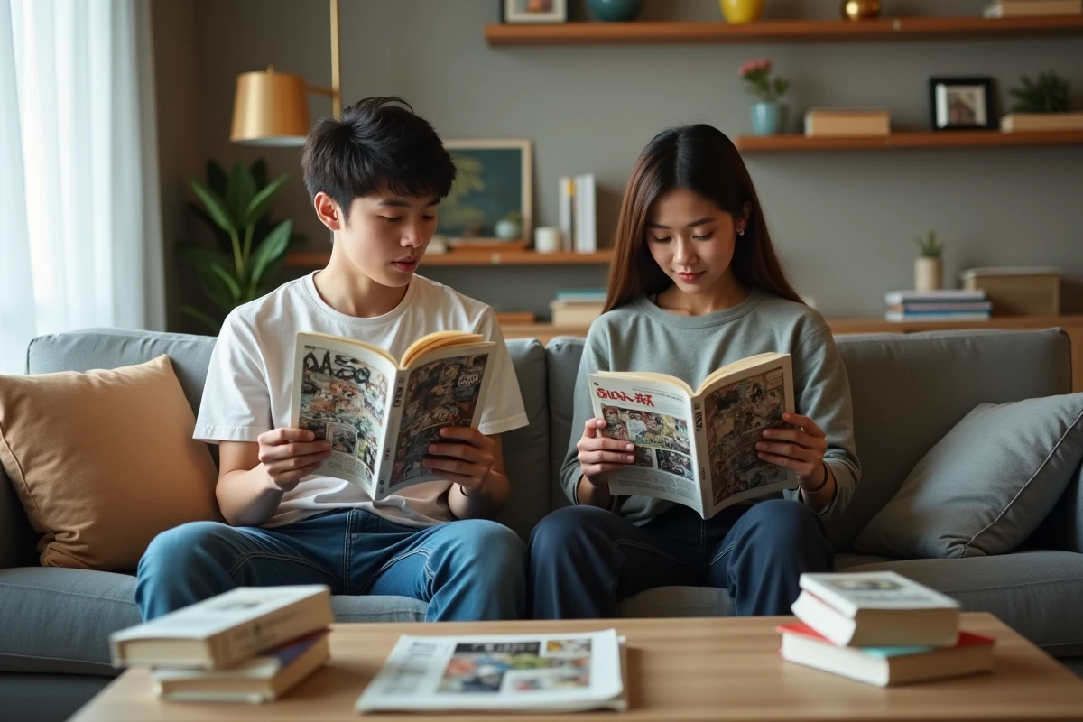 Deux lecteurs discutant de mangas yaoi boys love dans un salon moderne avec collection visible